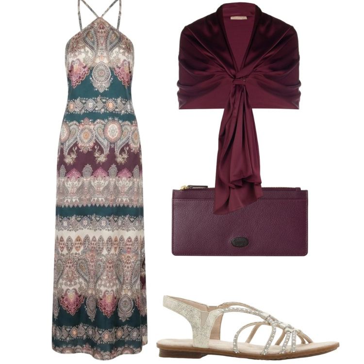 Outfit donna - Total look #2460936. Stile Etnico per Serata fuori. Abbinamento con sandali, portafogli, stole, vestiti lunghi.