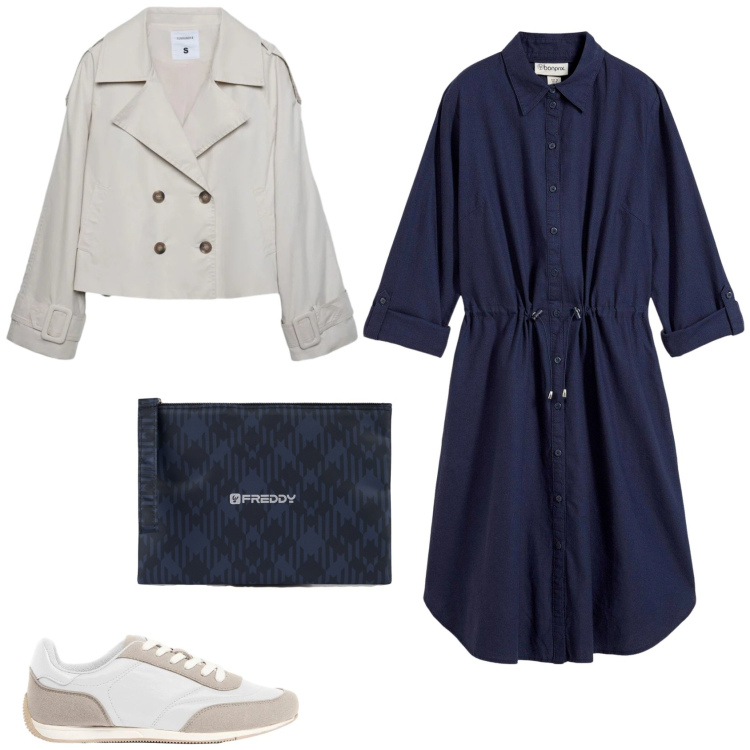 Outfit donna - Casual chic giornata piovosa. Stile Casual chic per Tutti i giorni. Abbinamento con vestiti chemisier, sneakers, caban, clutch.