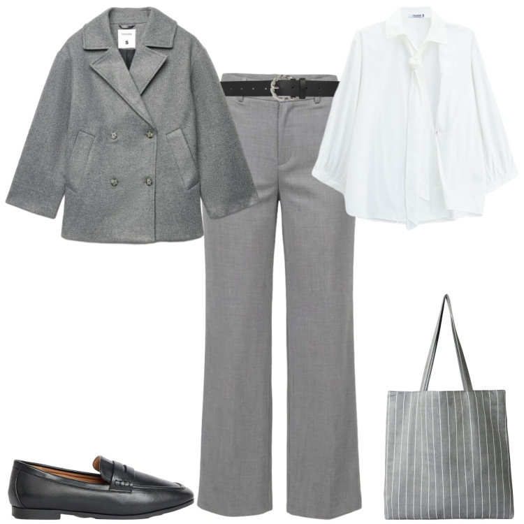 Outfit donna - Grigio nuiva stagione ufficio tempo libe. Stile Mannish per Tutti i giorni. Abbinamento con mocassini, shopping bag, cinture, caban, pantaloni, camicie.