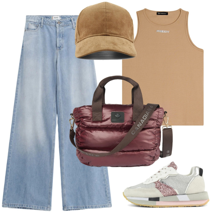 Outfit donna - Lunedì si ricomincia. Stile Casual per Scuola/Università. Abbinamento con jeans, canottiere, borse a tracolla, sneakers, cappelli con visiera.