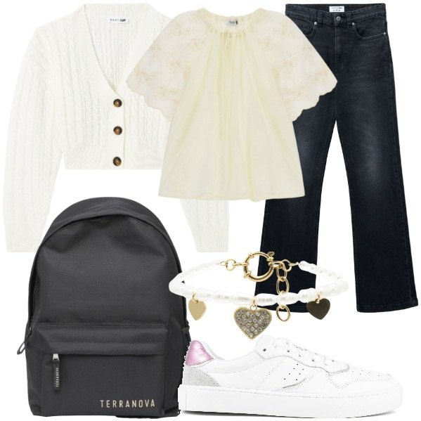 Outfit donna - Back to School 2026. Stile Casual chic per Scuola/Università. Abbinamento con jeans bootcut, cardigans, zaini, braccialetti, bluse, sneakers.