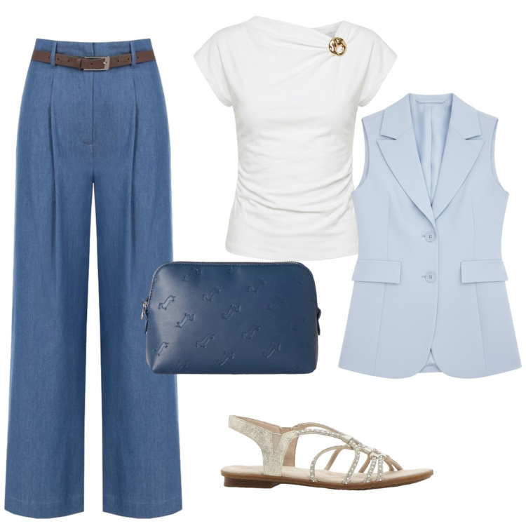 Outfit donna - Total look #2460945. Stile Bon Ton per Ufficio. Abbinamento con sandali, pochette, pantaloni a palazzo, gilet, t-shirt.