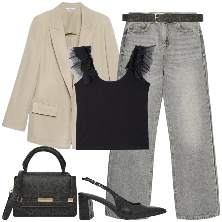 Outfit donna - Sognando l\'autunno.. Stile Casual chic per Serata fuori. Abbinamento con jeans dritti, blazer, décolleté, canottiere, borse a tracolla, cinture.