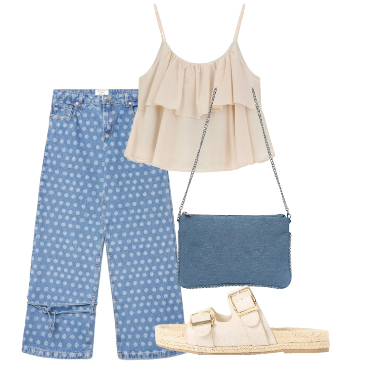 Outfit donna - Agosto. Stile Bon Ton per Tutti i giorni. Abbinamento con ciabatte, jeans dritti, borse a tracolla, top.