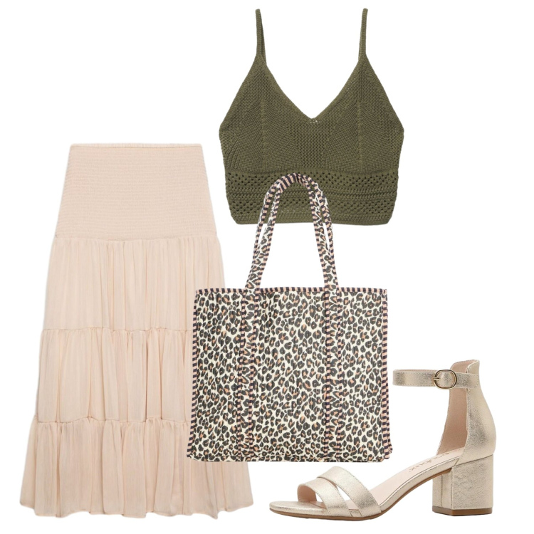 Outfit donna - Agosto. Stile Bon Ton per Tutti i giorni. Abbinamento con sandali col tacco, shopping bag, canottiere, gonne lunghe.