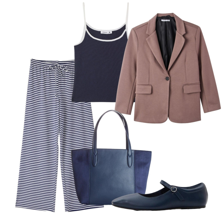 Outfit donna - Agosto. Stile Bon Ton per Tutti i giorni. Abbinamento con ballerine, shopping bag, canottiere, blazer, pantaloni.