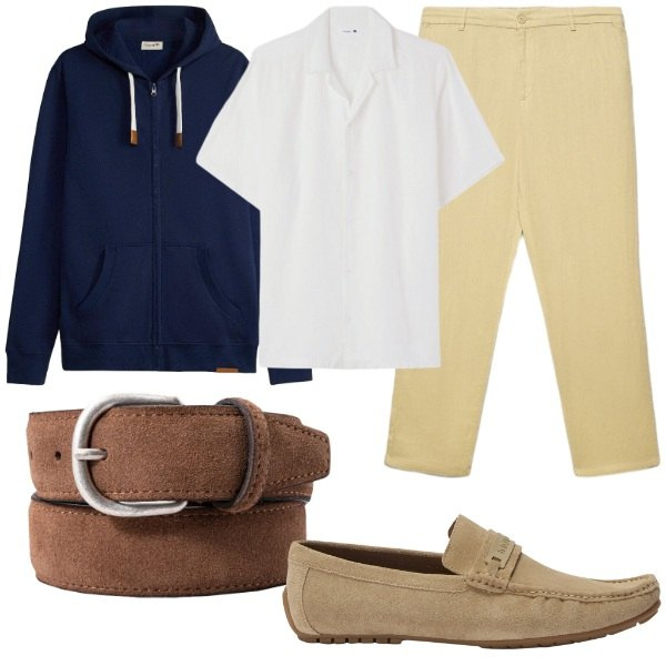 Outfit uomo - Stile da barca. Stile Casual per Mare. Abbinamento con scarpe stringate, cinture, pantaloni, camicie a manica corta, felpe con cappuccio.