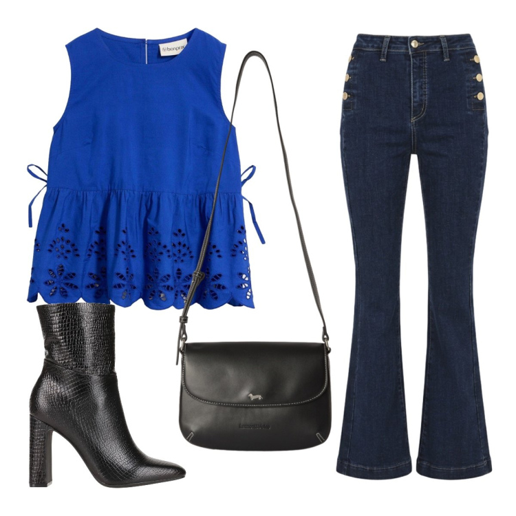 Outfit donna - Essenziale e versatile. Stile Bon Ton per Serata fuori. Abbinamento con stivaletti, canottiere, borse a tracolla, jeans a zampa.
