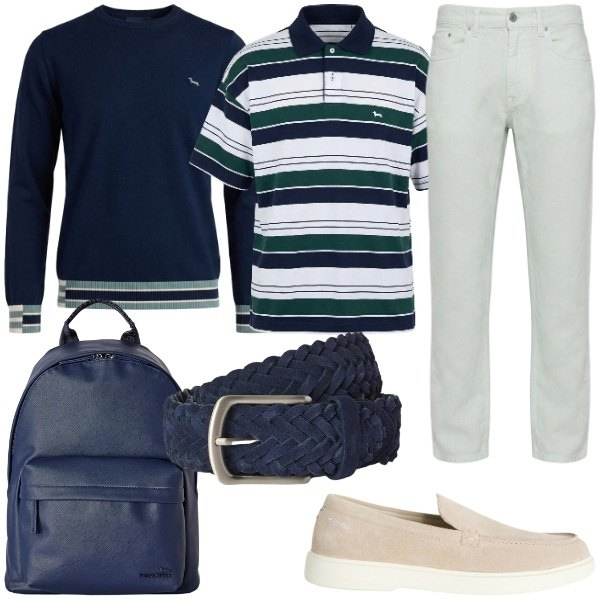 Outfit uomo - giornate in barca. Stile Casual per Mare. Abbinamento con scarpe stringate, pullovers, polo, borse sportive, pantaloni, cinture.