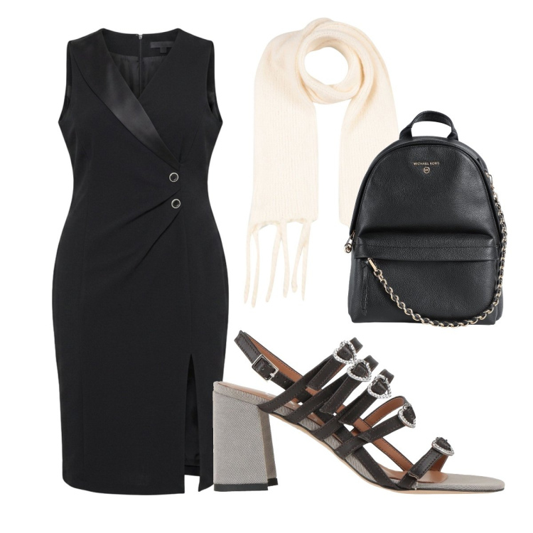 Outfit donna - Ufficio curvy. Stile Mannish per Ufficio. Abbinamento con zaini, sciarpe, sandali in pelle, vestiti asimmetrici.