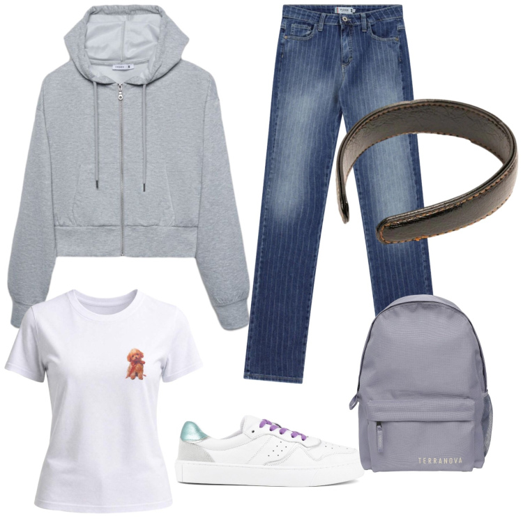 Outfit donna - Sportiva. Stile Basic per Scuola/Università. Abbinamento con felpe con cappuccio, zaini, t-shirt, jeans, cerchietti, sneakers.