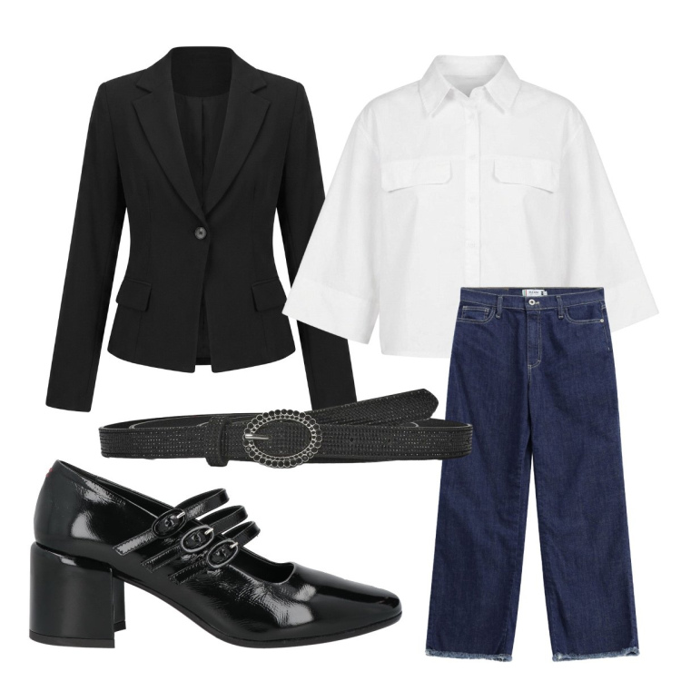 Outfit donna - Blazer monopetto fluido. Stile Casual chic per Ufficio. Abbinamento con décolleté, cinture, jeans dritti, camicie a manica corta, blazer.