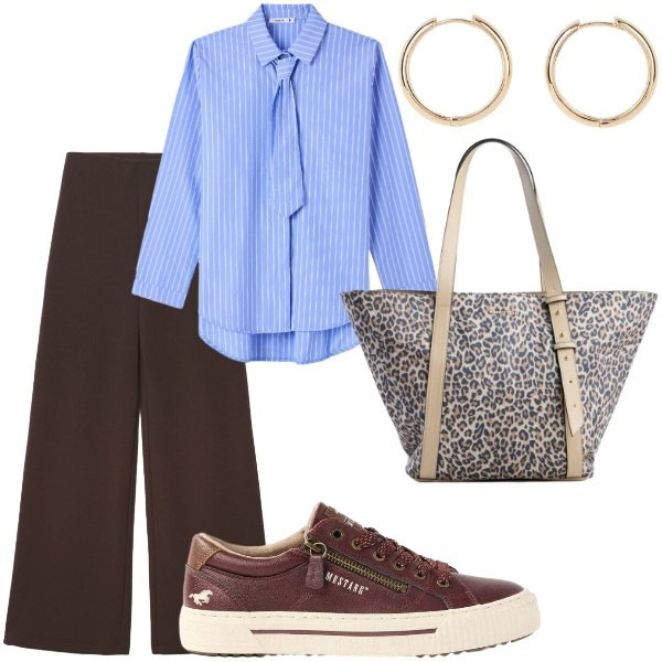 Outfit donna - Pensando a settembre. Stile Casual chic per Tutti i giorni. Abbinamento con sneakers, orecchini, shopping bag, pantaloni a palazzo, camicie.