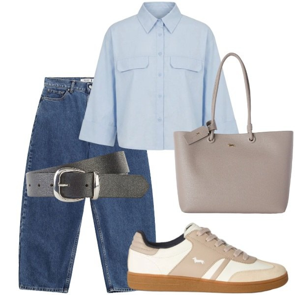 Outfit donna - Settembre. Stile Casual per Tutti i giorni. Abbinamento con cinture, sneakers, shopping bag, jeans, camicie a manica corta.