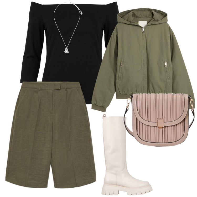 Outfit donna - Modalità pioggia. per Tutti i giorni. Abbinamento con stivali, blazer, bermuda, borse a tracolla, ciondoli, t-shirt.