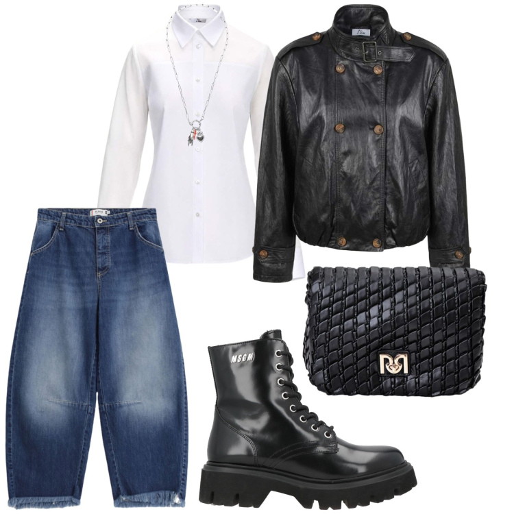 Outfit donna - Dinamicità. per Ufficio. Abbinamento con anfibi, camicie, giacche, borse a tracolla, jeans, ciondoli.