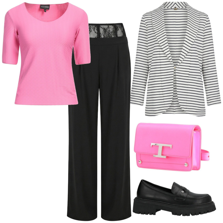 Outfit donna - Una giornata con amiche. per Tutti i giorni. Abbinamento con mocassini, t-shirt, marsupi, blazer, pantaloni a palazzo.