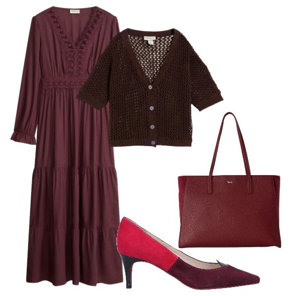 Outfit donna - Serata tra amici. Stile Casual chic per Serata fuori. Abbinamento con décolleté, cardigans, vestiti lunghi, shopping bag.