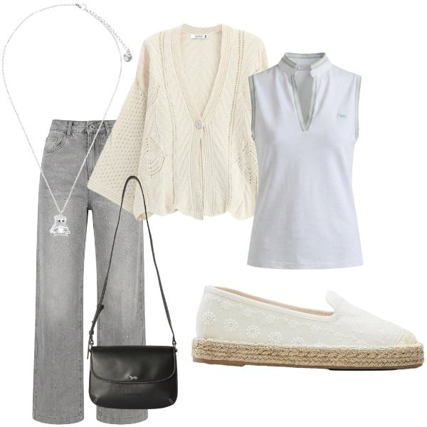 Outfit donna - Settembre. Stile Casual chic per Tutti i giorni. Abbinamento con espadrillas, polo, borse a tracolla, cardigans, ciondoli, jeans.