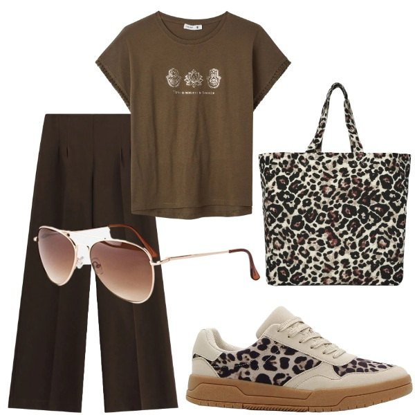 Outfit donna - Pensando a settembre. Stile Casual chic per Tutti i giorni. Abbinamento con sneakers, occhiali da sole, shopping bag, t-shirt, pantaloni a palazzo.