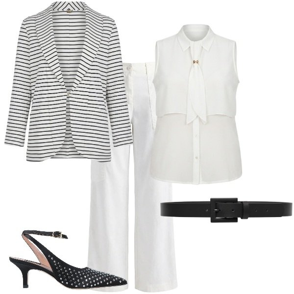 Outfit donna - In bianco e nero. Stile Casual chic per Serata fuori. Abbinamento con décolleté, pantaloni cargo, blazer, cinture, camicie a manica corta.