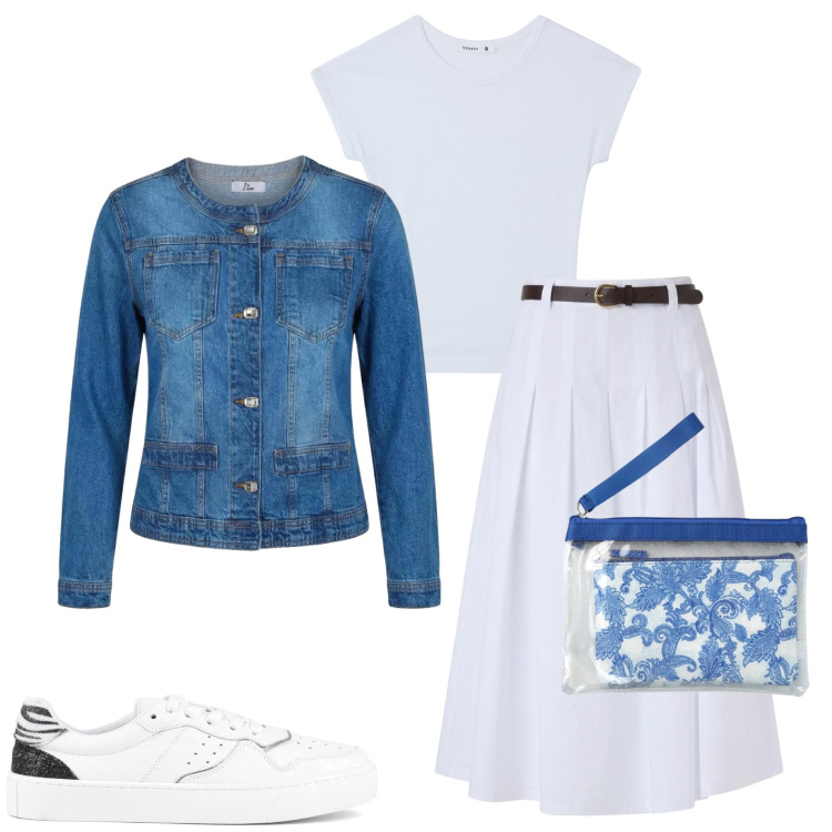 Outfit donna - Back to school. Stile Casual chic per Scuola/Università. Abbinamento con gonne longuette, t-shirt, pochette, blazer, sneakers.
