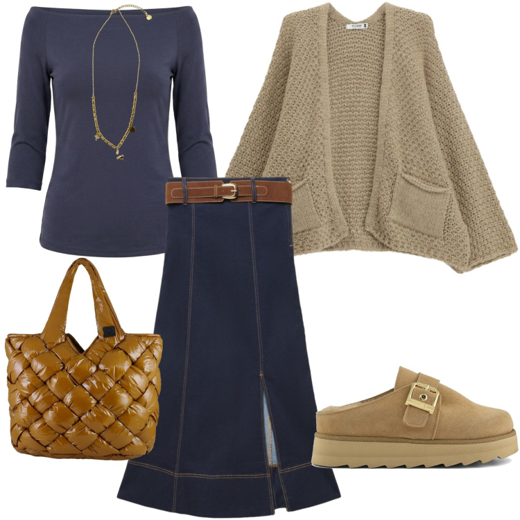 Outfit donna - Back to school. Stile Casual chic per Scuola/Università. Abbinamento con gonne lunghe, cardigans, ciondoli, borse tote, t-shirt, sabot.