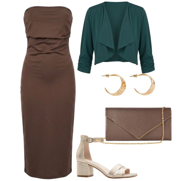 Outfit donna - Tutti in festa. per Serata fuori. Abbinamento con sandali col tacco, orecchini, clutch, vestiti midi/longuette, blazer.