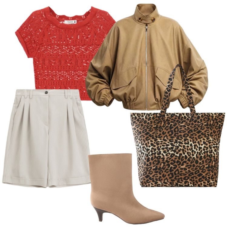 Outfit donna - Tendenze in arrivo. per Tutti i giorni. Abbinamento con shopping bag, stivaletti, bomber, bermuda, top.