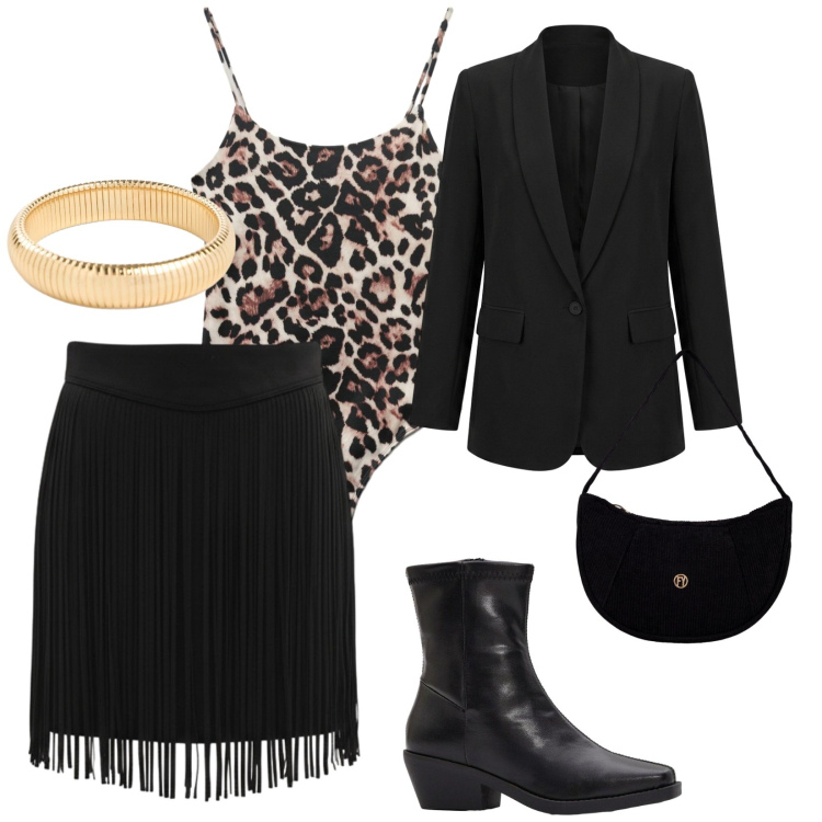 Outfit donna - Leopard. per Serata fuori. Abbinamento con stivaletti, braccialetti, top, minigonne, borse a mano, blazer.