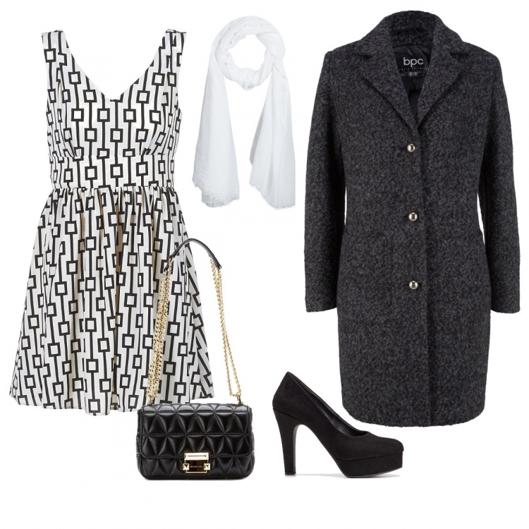 Outfit donna - 8 marzo. Stile Bon Ton per Serata fuori. look ideale per Petite. Abbinamento con cappotto grigio, décolleté, vestito corto nero, sciarpa bianco, borsa a tracolla nero.