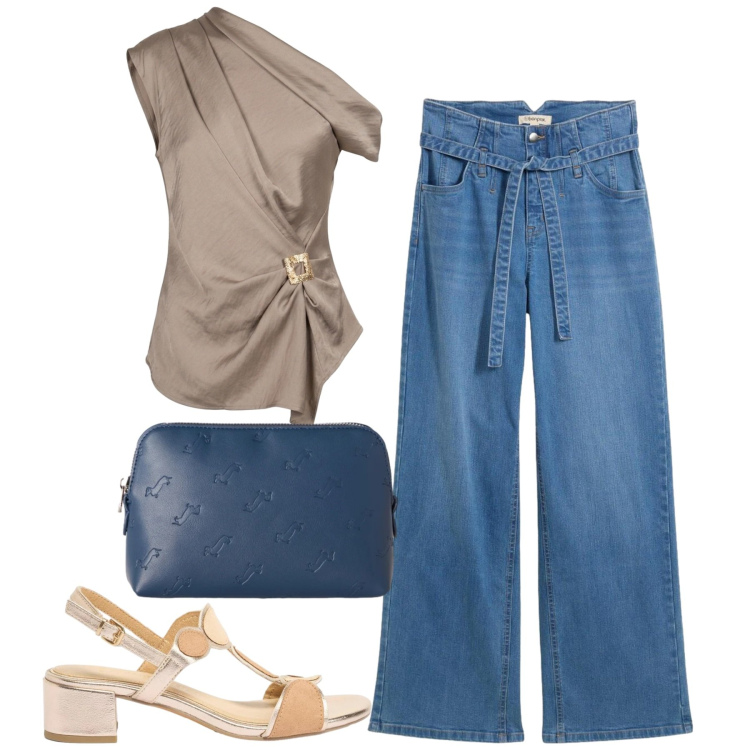 Outfit donna - Un caffè in centro. Stile Casual chic per Tutti i giorni. Abbinamento con jeans, sandali col tacco, pochette, top.