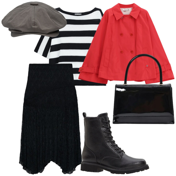 Outfit donna - Paris. per Tutti i giorni. Abbinamento con stivaletti, cappelli, gonne longuette, borse a mano, giacche, top.