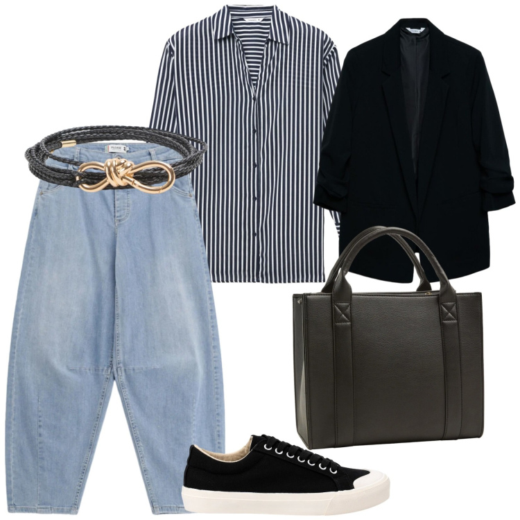 Outfit donna - Colloquio di lavoro. per Scuola/Università. Abbinamento con blazer, borse tote, camicie, cinture, sneakers, jeans.