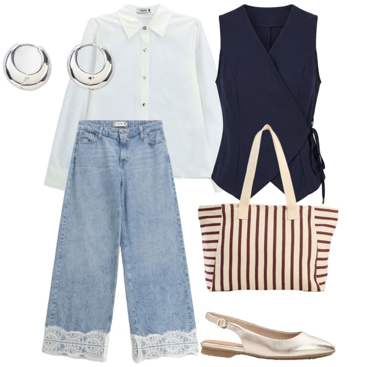 Outfit donna - Urban. per Tutti i giorni. Abbinamento con shopping bag, ballerine, orecchini, jeans, camicie, gilet.