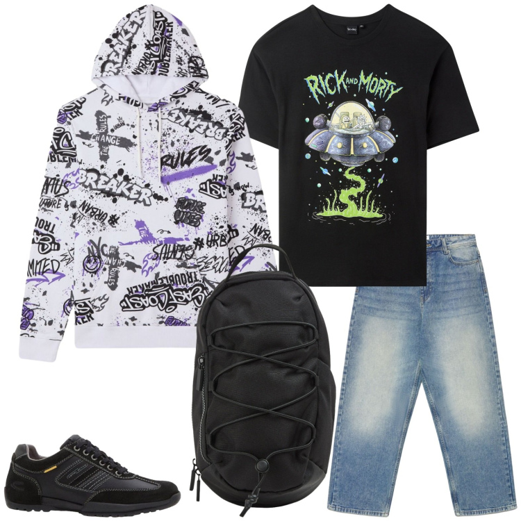 Outfit uomo - Back to school. Stile Casual per Tutti i giorni. Abbinamento con sneakers, t-shirt, jeans dritti, felpe con cappuccio, borse sportive.