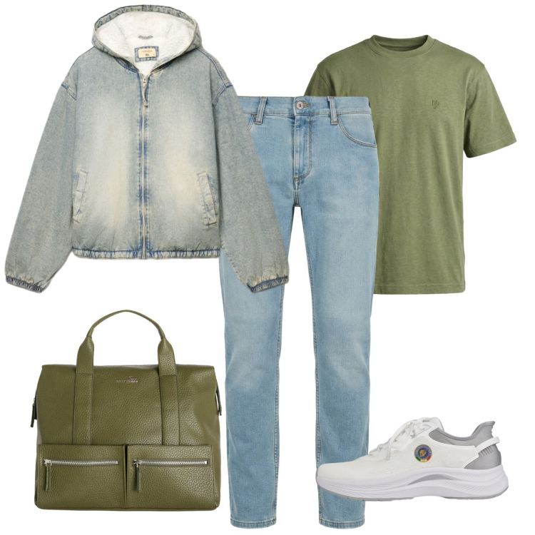 Outfit uomo - Back to uni. Stile Casual per Tutti i giorni. Abbinamento con jeans slim fit, borse sportive, t-shirt, giacche, scarpe sportive.