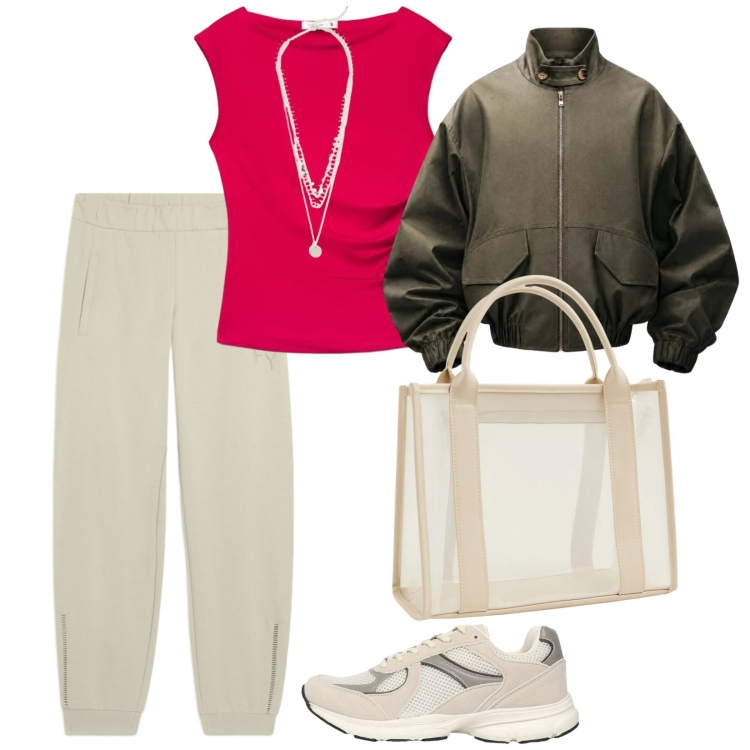 Outfit donna - Ogni giorno. per Tutti i giorni. Abbinamento con collane, t-shirt, sneakers, borse tote, bomber, pantaloni.