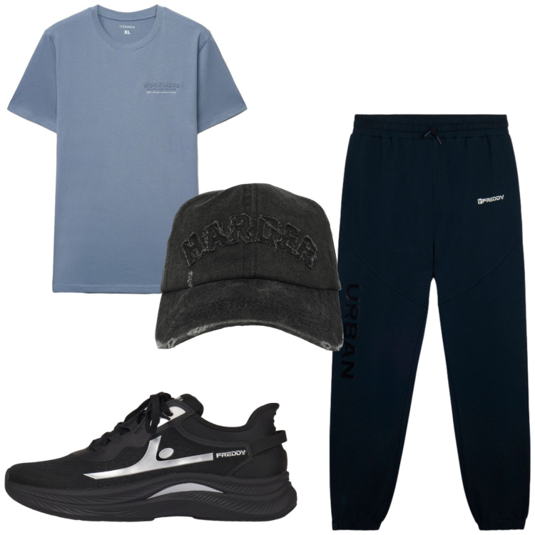 Outfit uomo - Total look #2461069. Stile Casual per Sport. Abbinamento con t-shirt, cappelli con visiera, pantaloni, sneakers.