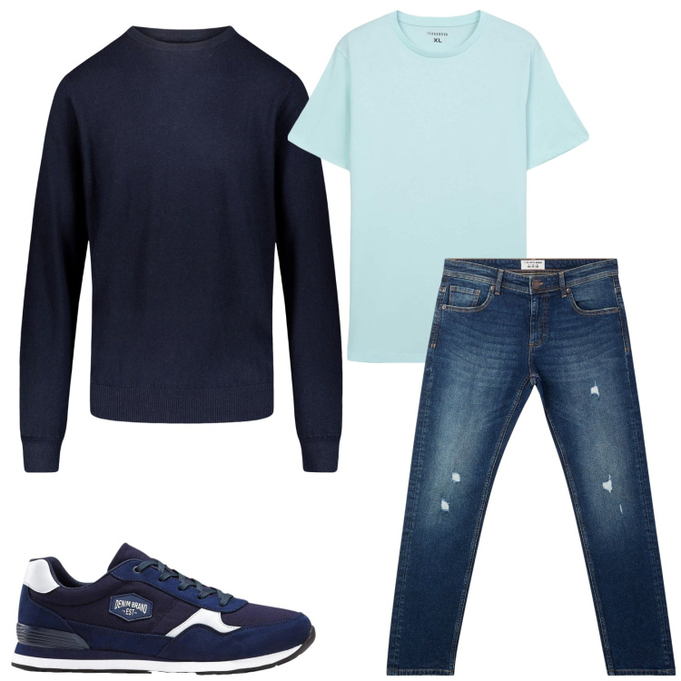 Outfit uomo - Total look #2461070. Stile Casual per Tutti i giorni. Abbinamento con sneakers, jeans strappati, t-shirt, maglieria.