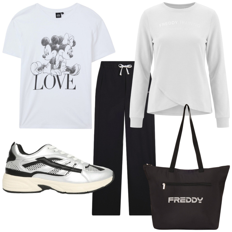 Outfit donna - Total look #2461074. Stile Sporty chic per Sport. Abbinamento con t-shirt, sneakers, felpe, pantaloni sportivi, shopping bag.