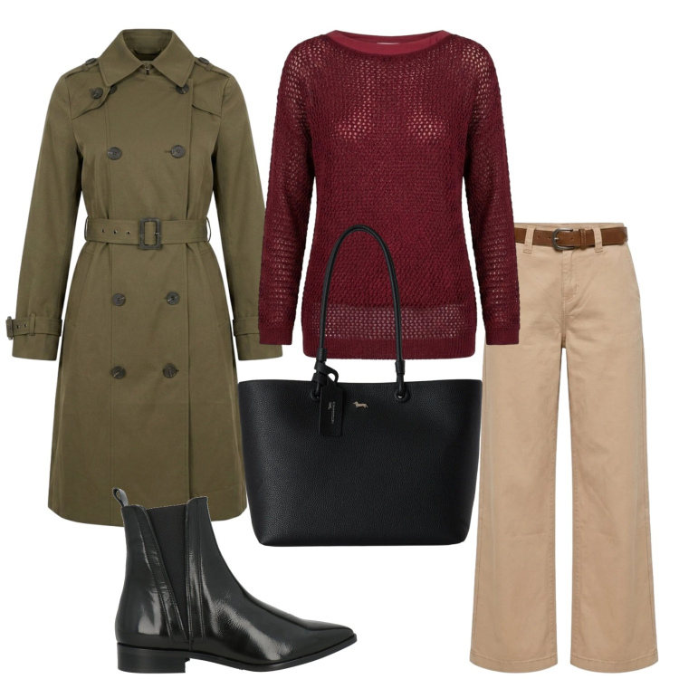 Outfit donna - Autunno 2.0. Stile Casual chic per Tutti i giorni. Abbinamento con stivaletti chelsea, shopping bag, pantaloni, trench, maglieria.