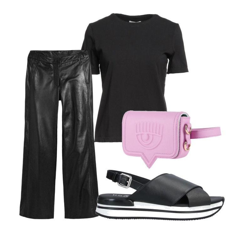 Outfit donna - Oggi mi vesto così. Stile Trendy per Serata fuori. Abbinamento con marsupi, sandali in pelle, t-shirt, pantaloni.