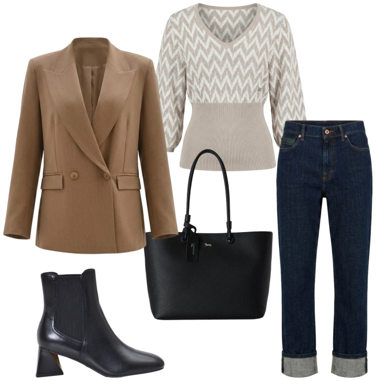 Outfit donna - Total look #2461080. Stile Casual per Tutti i giorni. Abbinamento con maglieria, jeans dritti, shopping bag, blazer, stivaletti.