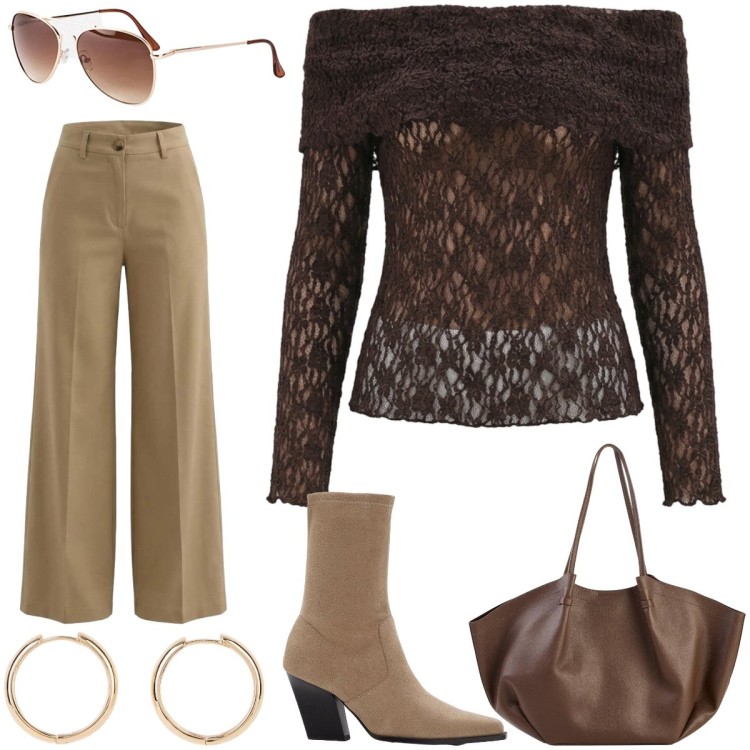 Outfit donna - Giornata di lavoro. Stile Casual per Tutti i giorni. look ideale per Tall. Abbinamento con stivaletti, orecchini, shopping bag, occhiali da sole, pantaloni a palazzo, bluse.