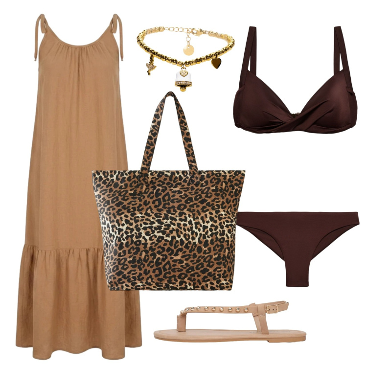 Outfit donna - Ultimi giorni al mare. Stile Boho per Mare. Abbinamento con shopping bag, ciabatte, bikini, bikini, braccialetti, vestiti.