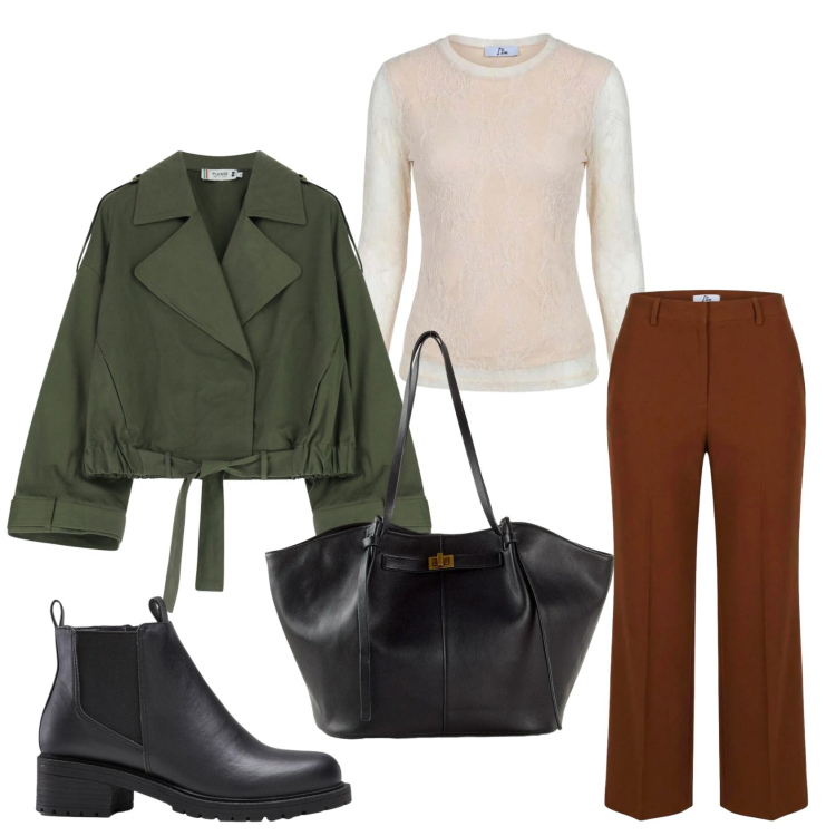 Outfit donna - Total look #2461086. Stile Casual per Tutti i giorni. Abbinamento con stivaletti, shopping bag, pantaloni a palazzo, maglieria, parka.