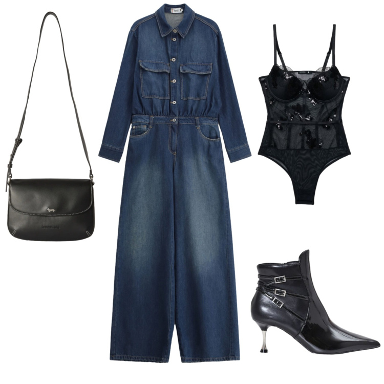 Outfit donna - Nero e jeans. Stile Rock per Serata fuori. Abbinamento con borse a tracolla, body, stivaletti, tute.