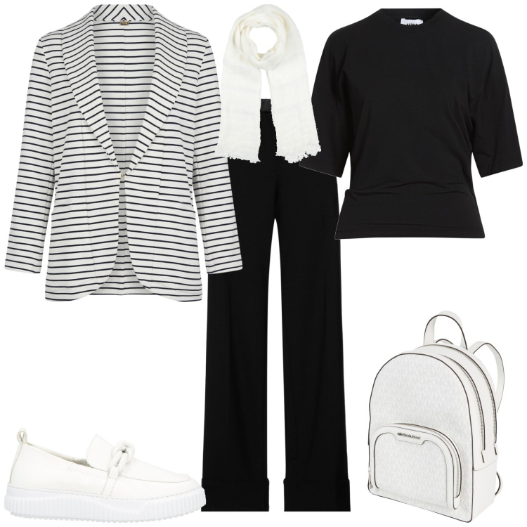 Outfit donna - Casual chic ufficio tempo libero. Stile Casual chic per Tutti i giorni. Abbinamento con mocassini, pantaloni, zaini, sciarpe, t-shirt, blazer.