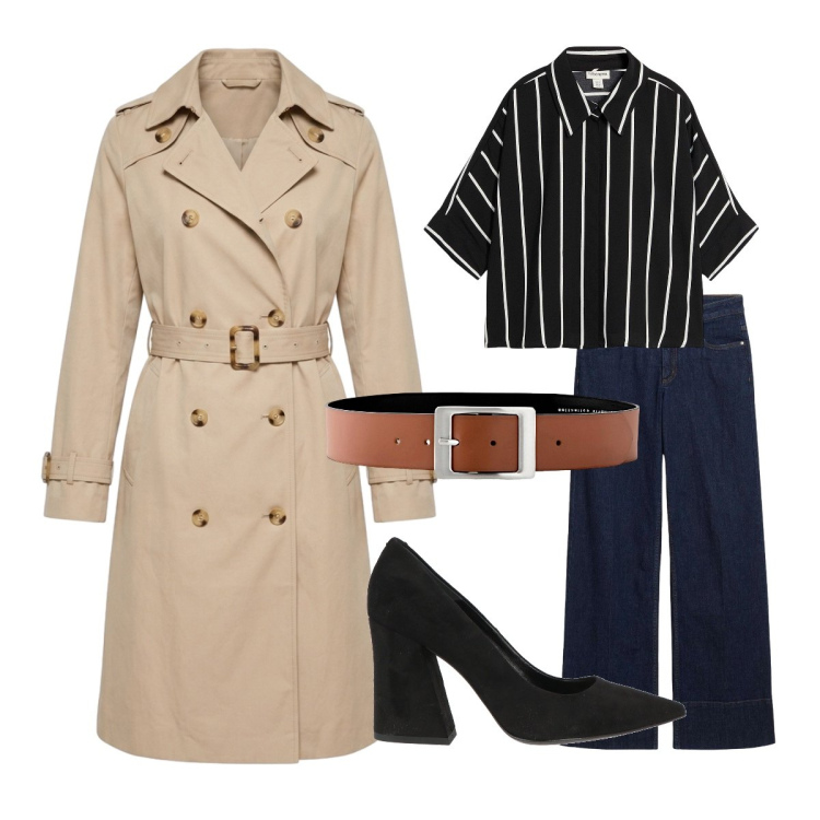 Outfit donna - Trench un classico di stagione. Stile Urban per Ufficio. Abbinamento con décolleté, cinture, jeans, camicie a manica corta, trench.